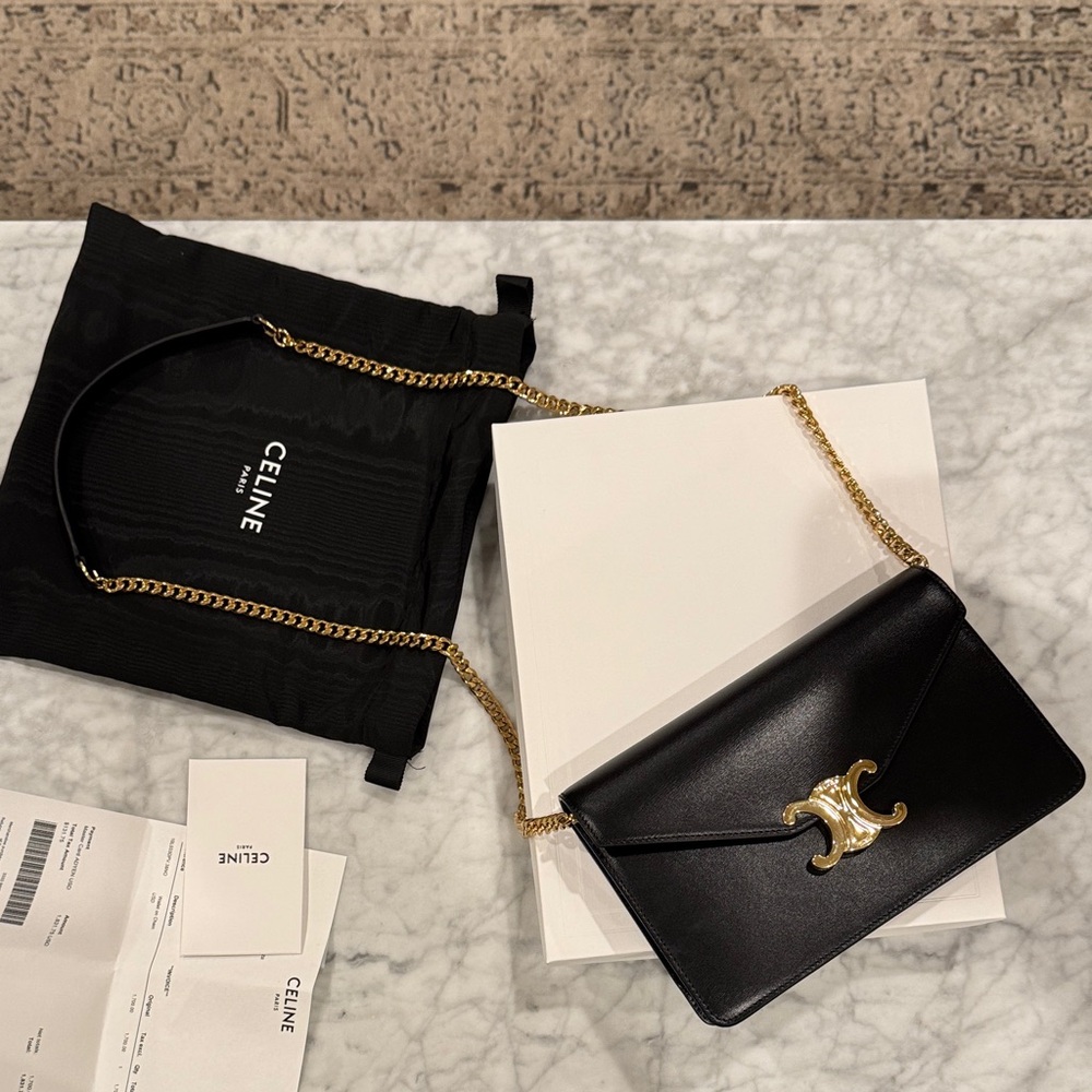 Celine WOC Triomphe wallet on chain Margo blk leather crossbody clutch purse bag